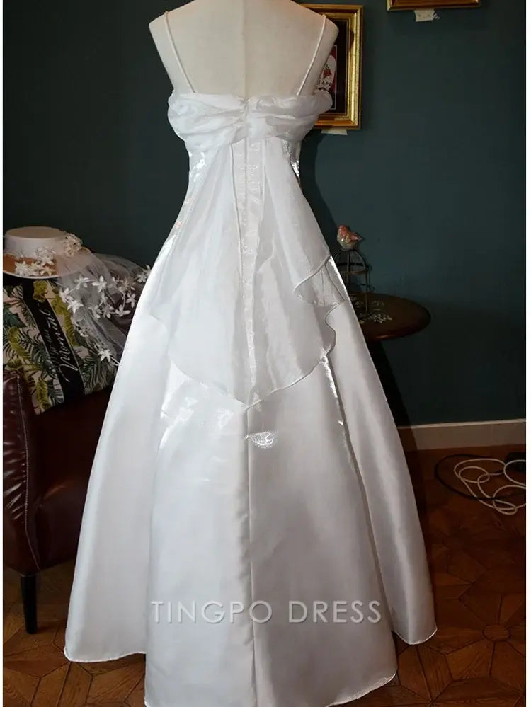 TingPo Wholesale Elegant White Vintage Fairycore Shimmering Satin Spaghetti Straps Gown Wedding Dress
